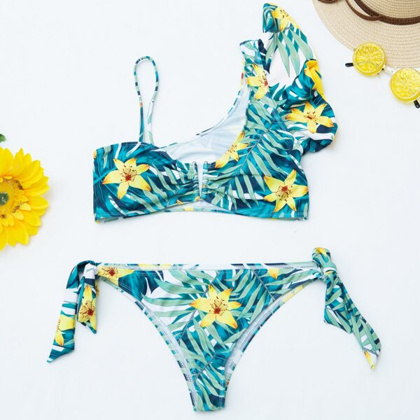 

Floral & Plant Print Tie Side Bikini Swimsuit, Multicolor