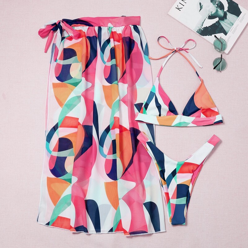

3pack Color Block Halter Bikini Swimsuit & Beach Skirt, Multicolor