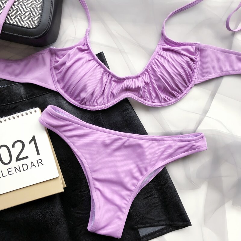 

Rib Ruched Underwire Bikini Swimsuit, Purple