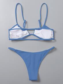 SHEIN Swim 夏季海滩纹理比基尼套装镂空前吊带背心和高腰丁字裤 2 件比基尼 - 藍色 - 查看 2