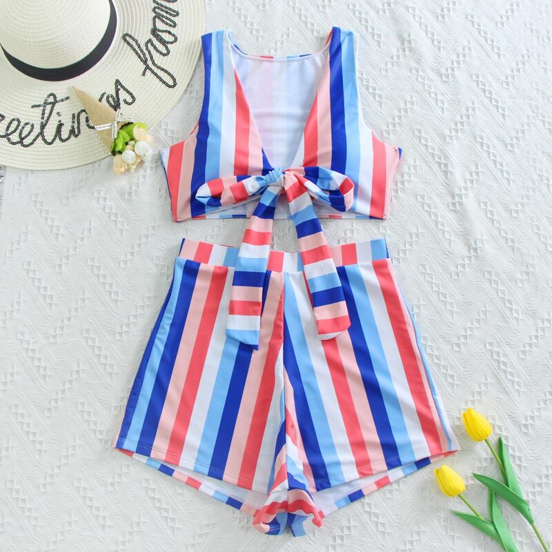 

Striped Knot Front Bikini Swimsuit, Multicolor
