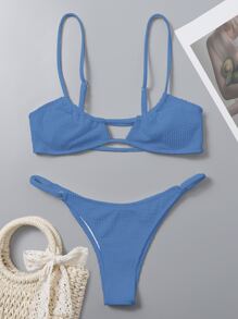 SHEIN Swim 夏季海滩纹理比基尼套装镂空前吊带背心和高腰丁字裤 2 件比基尼 - 藍色 - 查看 5