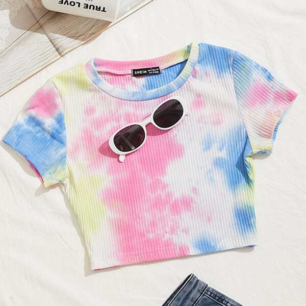 

Tie Dye Rib-knit Crop Tee, Multicolor