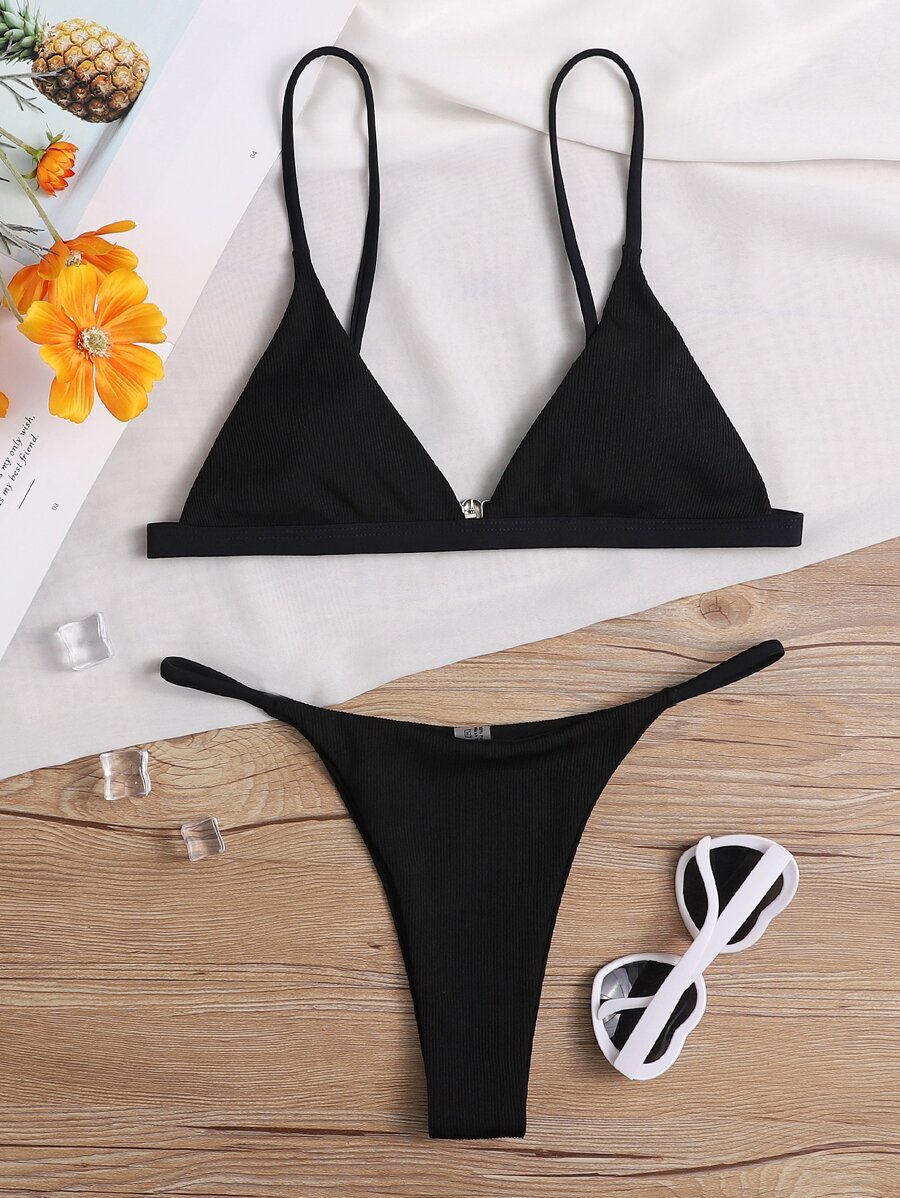 SHEIN Swim Bộ bikini tam giác sườn bãi biển mùa hè - màu đen - Xem 1