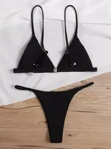 SHEIN Swim Bộ bikini tam giác sườn bãi biển mùa hè - màu đen - Xem 2