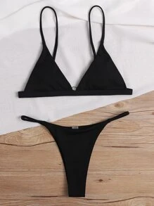 SHEIN Swim Bộ bikini tam giác sườn bãi biển mùa hè - màu đen - Xem 4