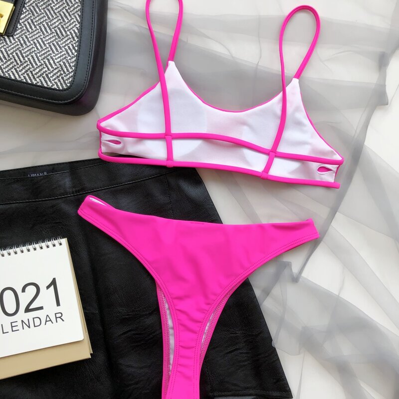 

Plain High Cut Bikini Swimsuit, Hot pink