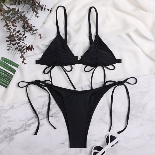 

Drawstring Detail Triangle Tie Side Bikini Swimsuit, Black