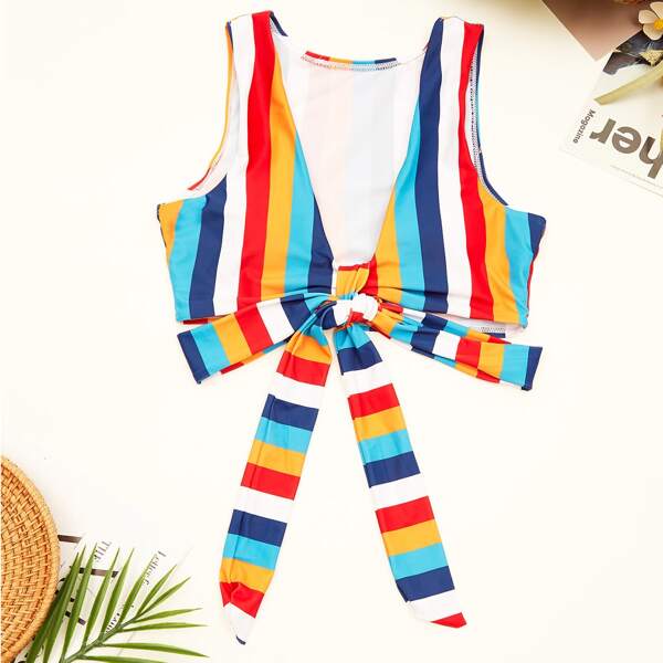 

Colorful Striped Knot Bikini Top, Multicolor