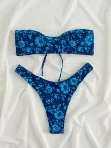 Swim Vcay Summer Beach Floral Bandeau High Cut Bikini Set - Blue - View 2