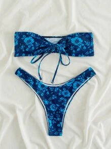 Swim Vcay Summer Beach Floral Bandeau High Cut Bikini Set - Blue - View 3