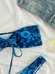 Swim Vcay Summer Beach Floral Bandeau High Cut Bikini Set - Blue - View 4