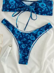 Swim Vcay Summer Beach Floral Bandeau High Cut Bikini Set - Blue - View 5