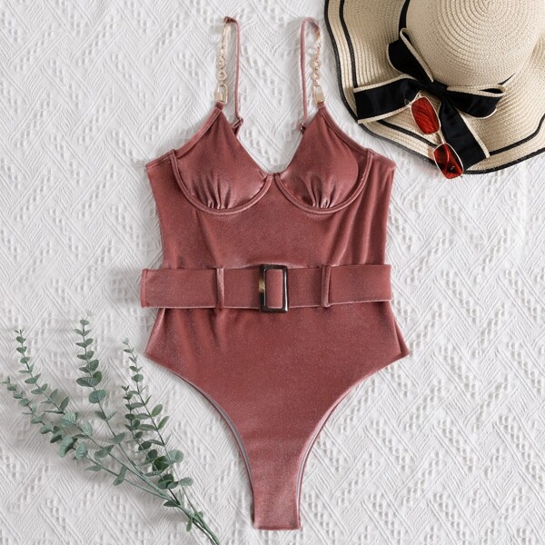 

Chain Strap Underwire One Piece Swimsuit, Redwood