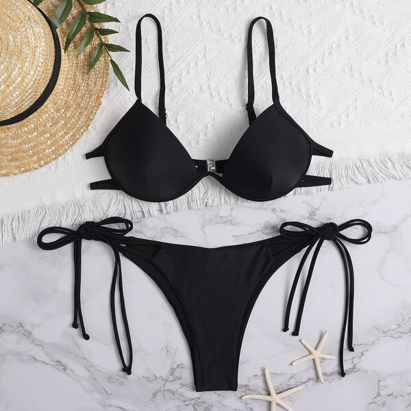 

Underwire Tie Side Bikini Swimsuit, Black