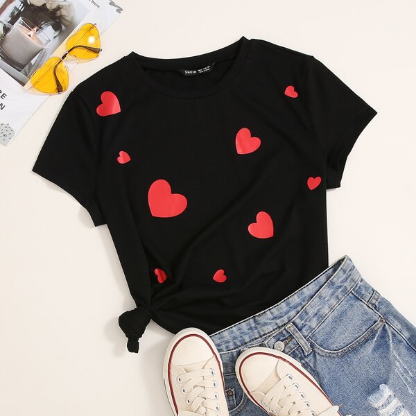 

Heart Print Round Neck Tee, Black