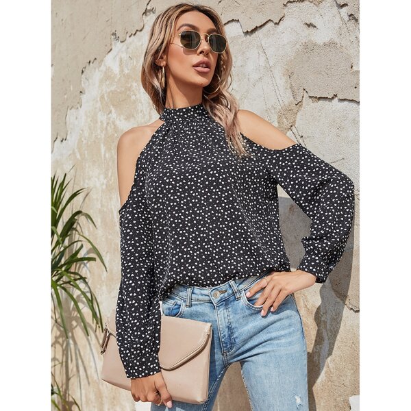 

Confetti Heart Print Cold Shoulder Blouse, Black