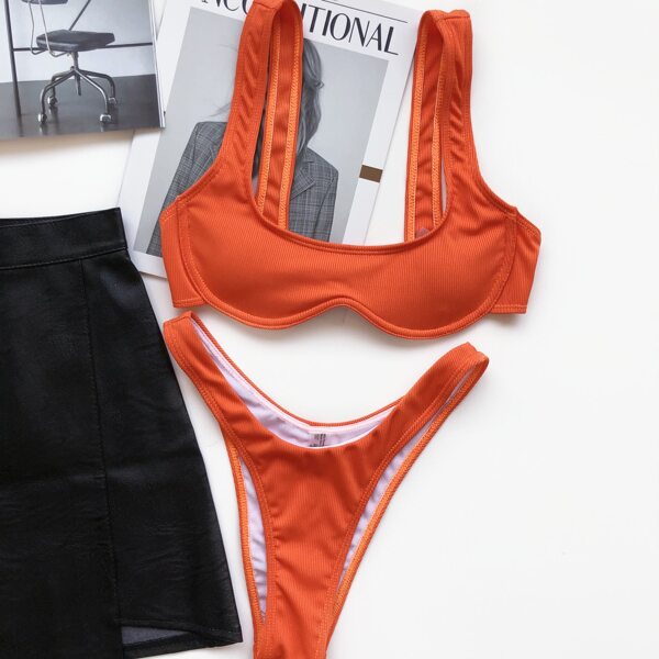 

Rib Underwire High Cut Bikini Swimsuit, Orange