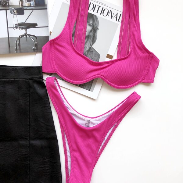 

Rib Underwire High Cut Bikini Swimsuit, Hot pink