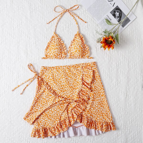

3pack Ditsy Floral Micro Triangle Bikini Swimsuit, Orange