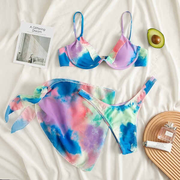 

3pack Tie Dye Underwire Bikini Swimsuit & Beach Skirt, Multicolor
