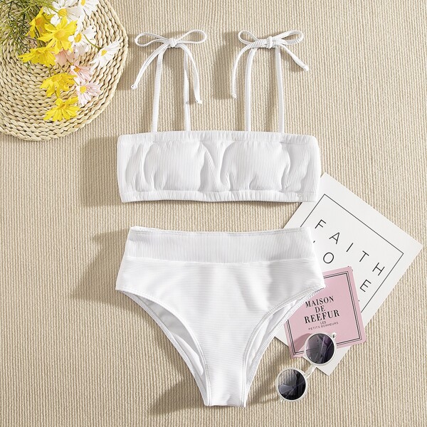 

Rib Tie Shoulder Bikini Swimsuit, White