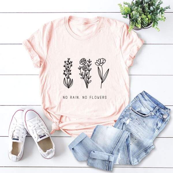 

Slogan & Plants Print Tee, Pink