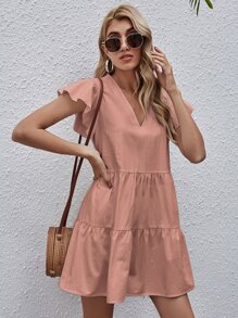 Vestido babydoll de manga mariposa unicolor - Rosado Sandía - Ver 1