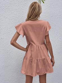 Vestido babydoll de manga mariposa unicolor - Rosado Sandía - Ver 2