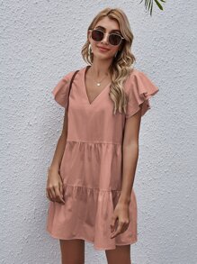 Vestido babydoll de manga mariposa unicolor - Rosado Sandía - Ver 3