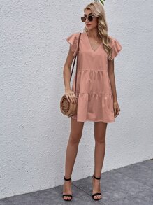 Vestido babydoll de manga mariposa unicolor - Rosado Sandía - Ver 4