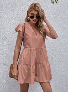 Vestido babydoll de manga mariposa unicolor - Rosado Sandía - Ver 5