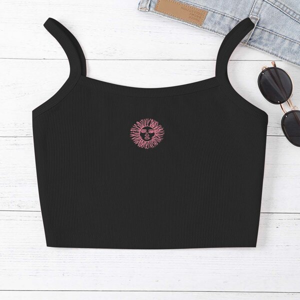 

Graphic Print Ribbed Crop Cami Top, Black
