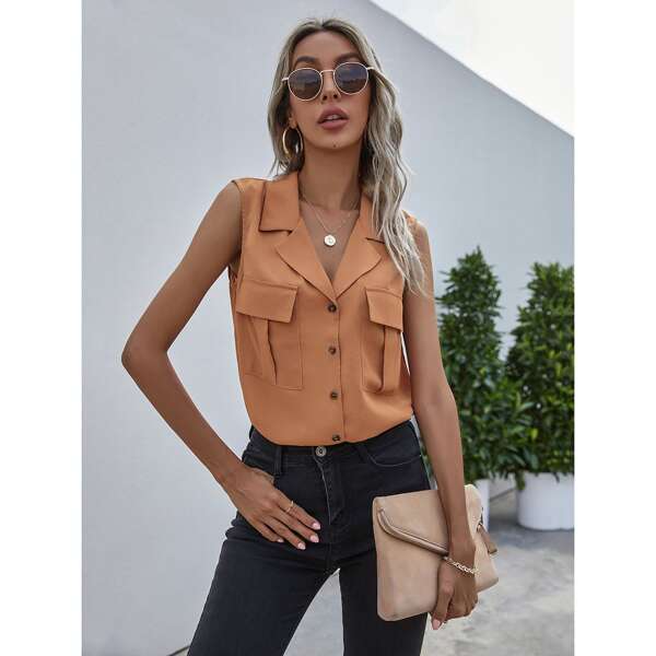 

Lapel Collar Button Front Flap Pocket Blouse, Brown