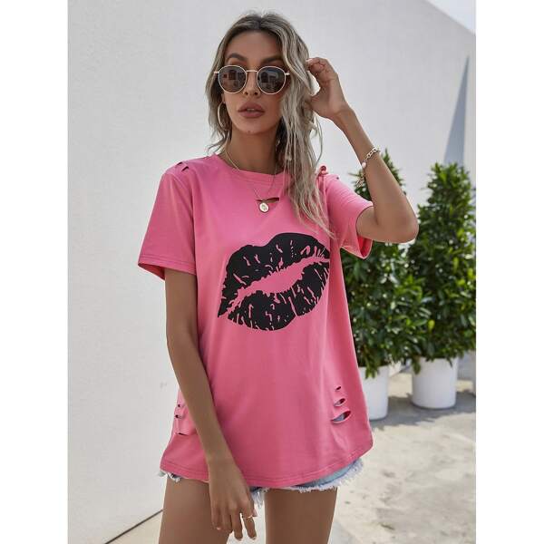 

Lip Print Ripped Tee, Pink