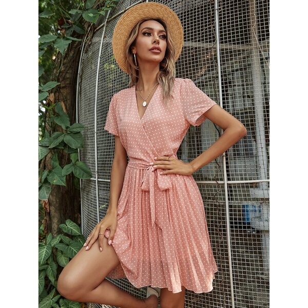 

Polka Dot Belted Surplice Front Dress, Coral pink