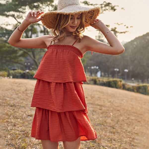 

Solid Shirred Frill Trim Layered Hem Cami Dress, Burnt orange