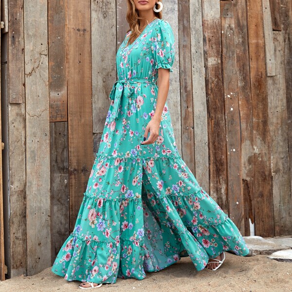 

Floral Frill Trim Split Thigh Belted Dress, Mint blue
