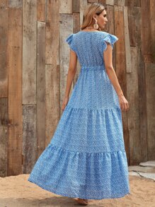 SHEIN VCAY 小碎花荷葉邊下擺連衣裙 - 藍白色 - 查看 2