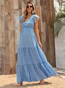 SHEIN VCAY 小碎花荷葉邊下擺連衣裙 - 藍白色 - 查看 4