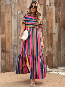 SHEIN Holidaya Vestido babydoll bajo con fruncido de rayas - Multicolor - Ver 1