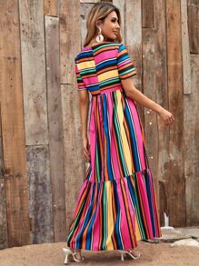 SHEIN Holidaya Vestido babydoll bajo con fruncido de rayas - Multicolor - Ver 2