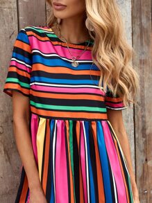 SHEIN Holidaya Vestido babydoll bajo con fruncido de rayas - Multicolor - Ver 5