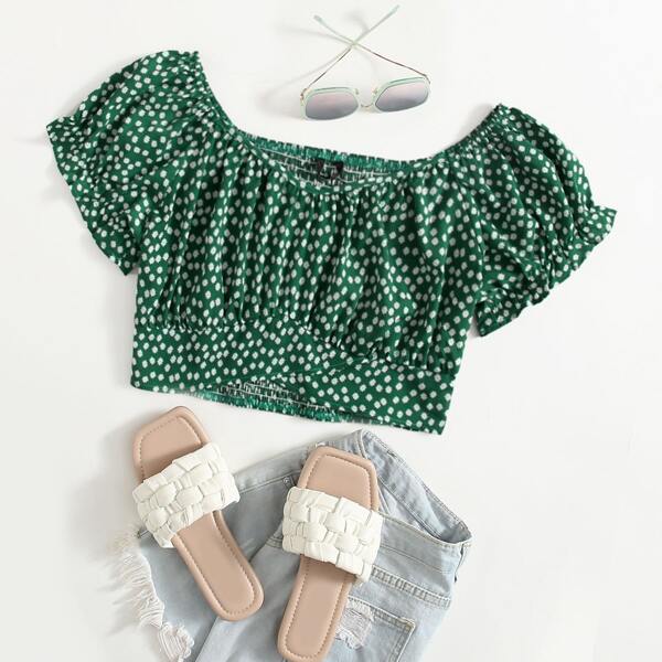 

Plus Ditsy Floral Milkmaid Crop Top, Green