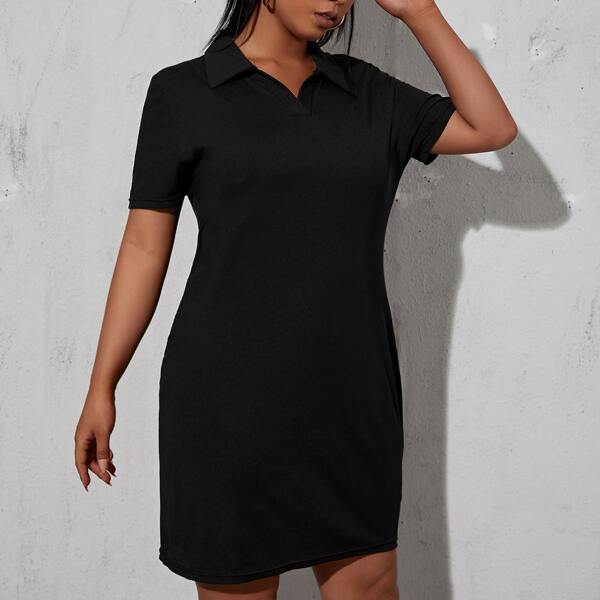

Plus Polo Neck Rib-knit Tee Dress, Black