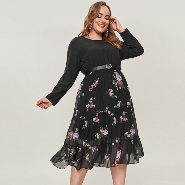 

Plus Floral Ruffle Hem Midi Dress Without Belt, Black