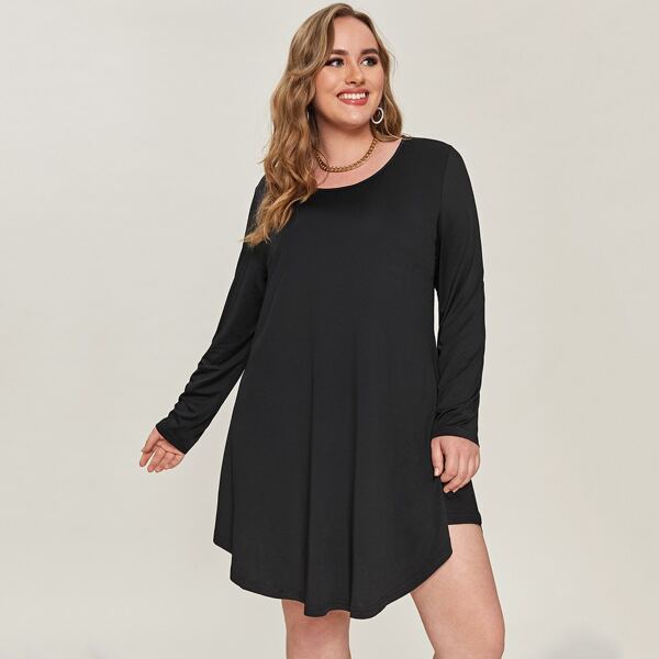 

Plus Scoop Neck Solid Tee Dress, Black