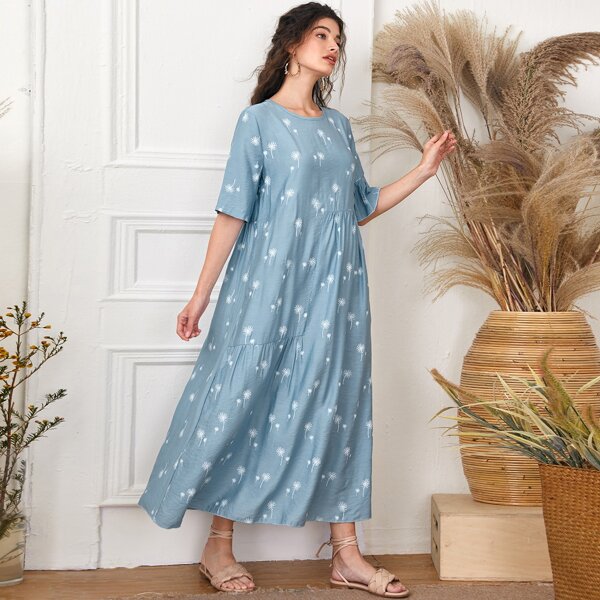 

Dandelion Print Flounce Sleeve Smock Dress, Dusty blue