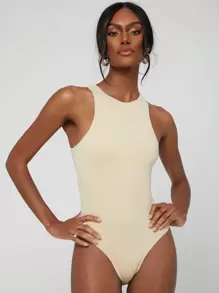 Sayndo Form Fitted Solid Tank Bodysuit - Apricot - View 1