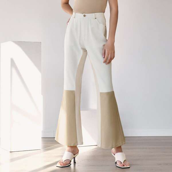 

Zipper Fly Colorblock Flare Leg Pants, Multicolor